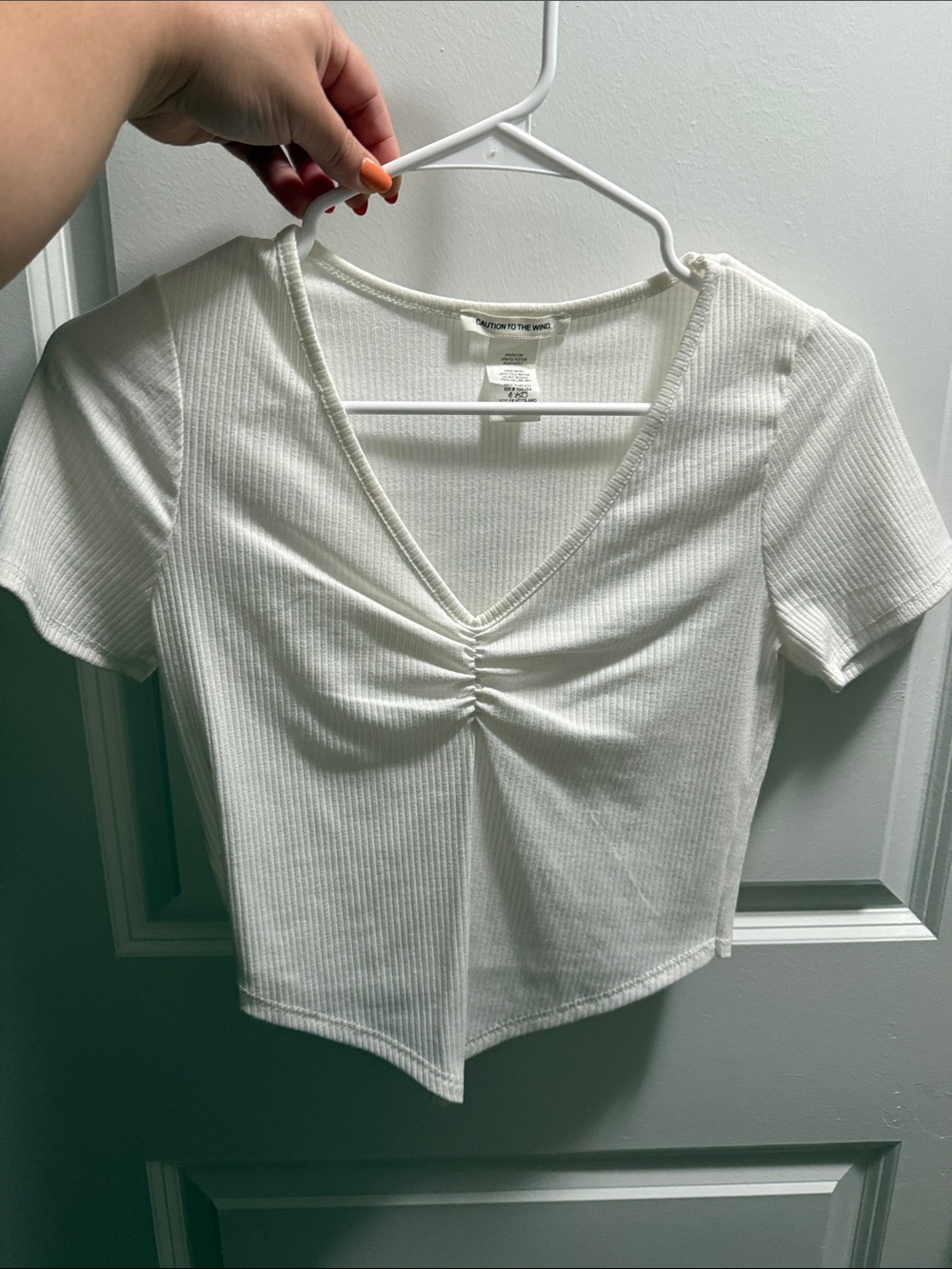 White Ribbed V-Neck Ruched Front Crop Top